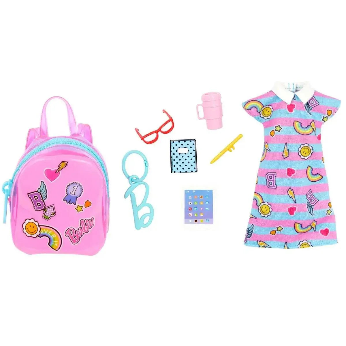 A set of Barbie clothes and accessories including a pink bag with multicolor patterns, a striped print dress, glasses, a notebook, a drink cup, and a pen.