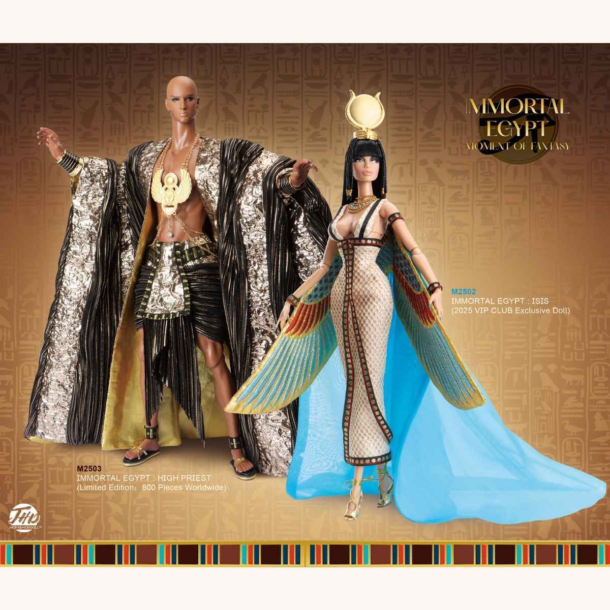 Two action figures from 'Immortal Egypt' series on a decorative background. ISIS and High Priest from JHDFASHIONDOLL are available now.