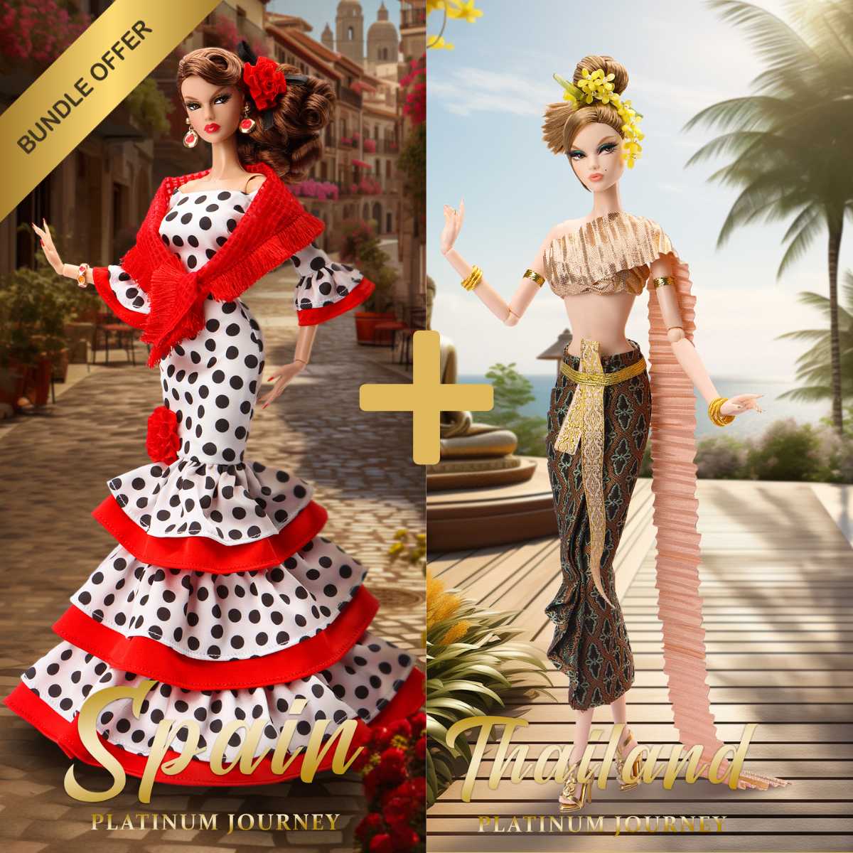JHDFASHIONDOLL “Platinum Journey” Collector Bundle ANNAMAY – Spain (M2504) & GLORIA – Thailand (M2505) 2 Doll Bundle - Save 10%