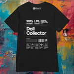 Black t-shirt with 'Doll Collector' text on a colorful abstract background. 'Doll Collector' Product Label Design Short-Sleeve Women’s T-shirt
