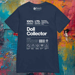 Navy blue t-shirt with 'Doll Collector' text on a colorful textured background. 'Doll Collector' Product Label Design Short-Sleeve Women’s T-shirt