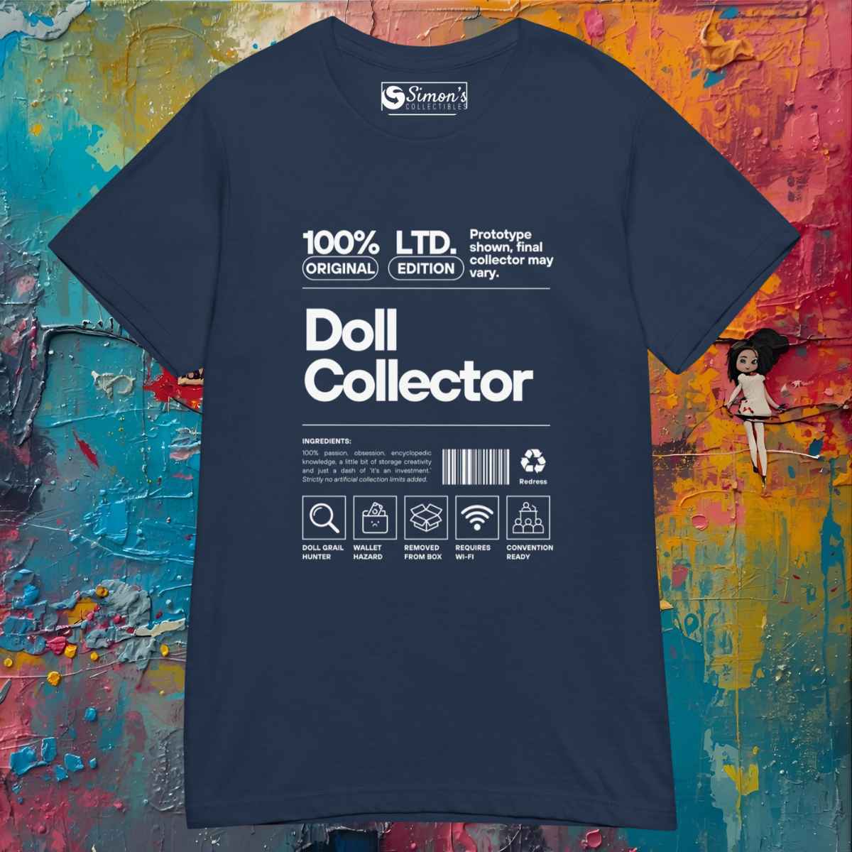 Navy blue t-shirt with 'Doll Collector' text on a colorful textured background. 'Doll Collector' Product Label Design Short-Sleeve Women’s T-shirt