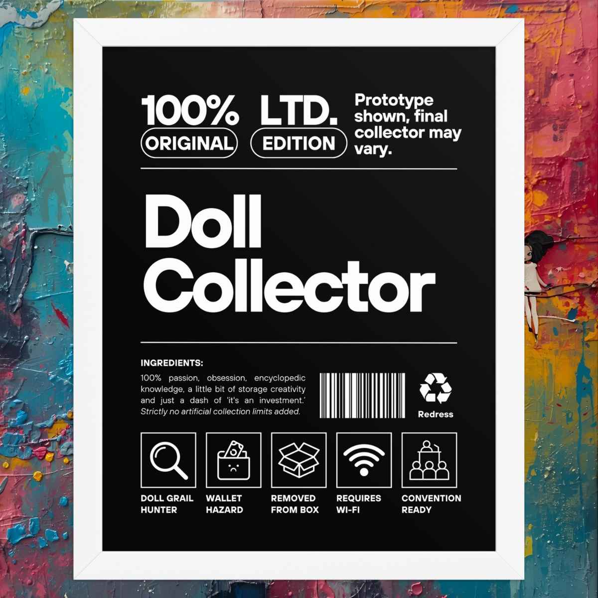 Doll Collector label with product details on a colorful abstract background. 'Doll Collector' Product Label Design Framed Print - 11″ × 14″ (27.9 cm × 35.6 cm) Wall Art for Adult Collectors