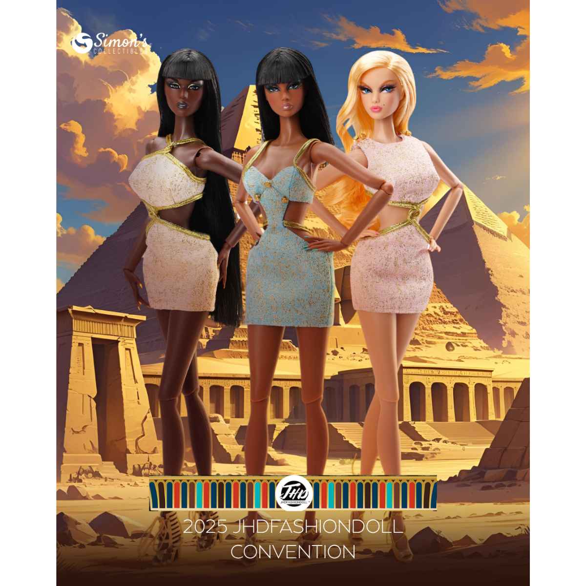 Three dolls in Egyptian-themed outfits standing in front of a pyramid with 'JHDFASHIONDOLL' branding.