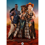 Three dolls in cowboy and western attire with 'Yellowstone Collectibles' branding on a desert background.