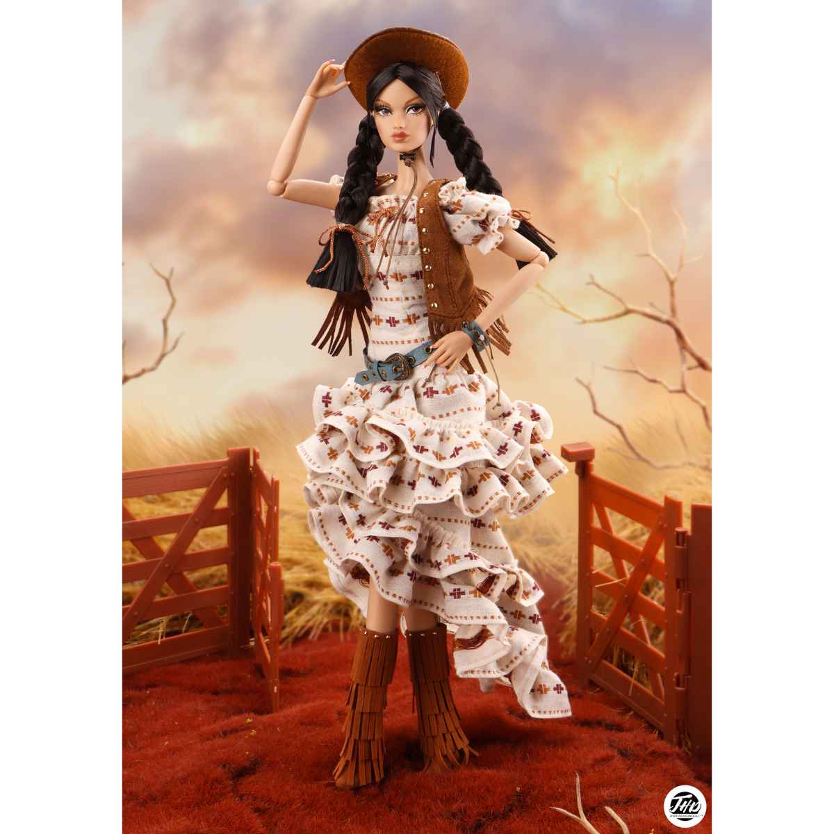 Doll in a cowboy outfit with a scenic background. JHDFASHIONDOLL Yellowstone: Farm Girl Candice - VIP Club Exclusive (M2514)