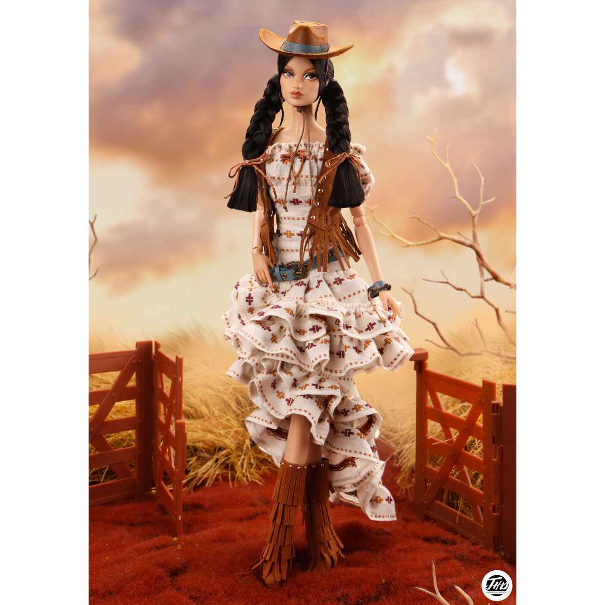 Barbie doll in a western outfit with a scenic background. JHDFASHIONDOLL Yellowstone: Farm Girl Candice - VIP Club Exclusive (M2514)