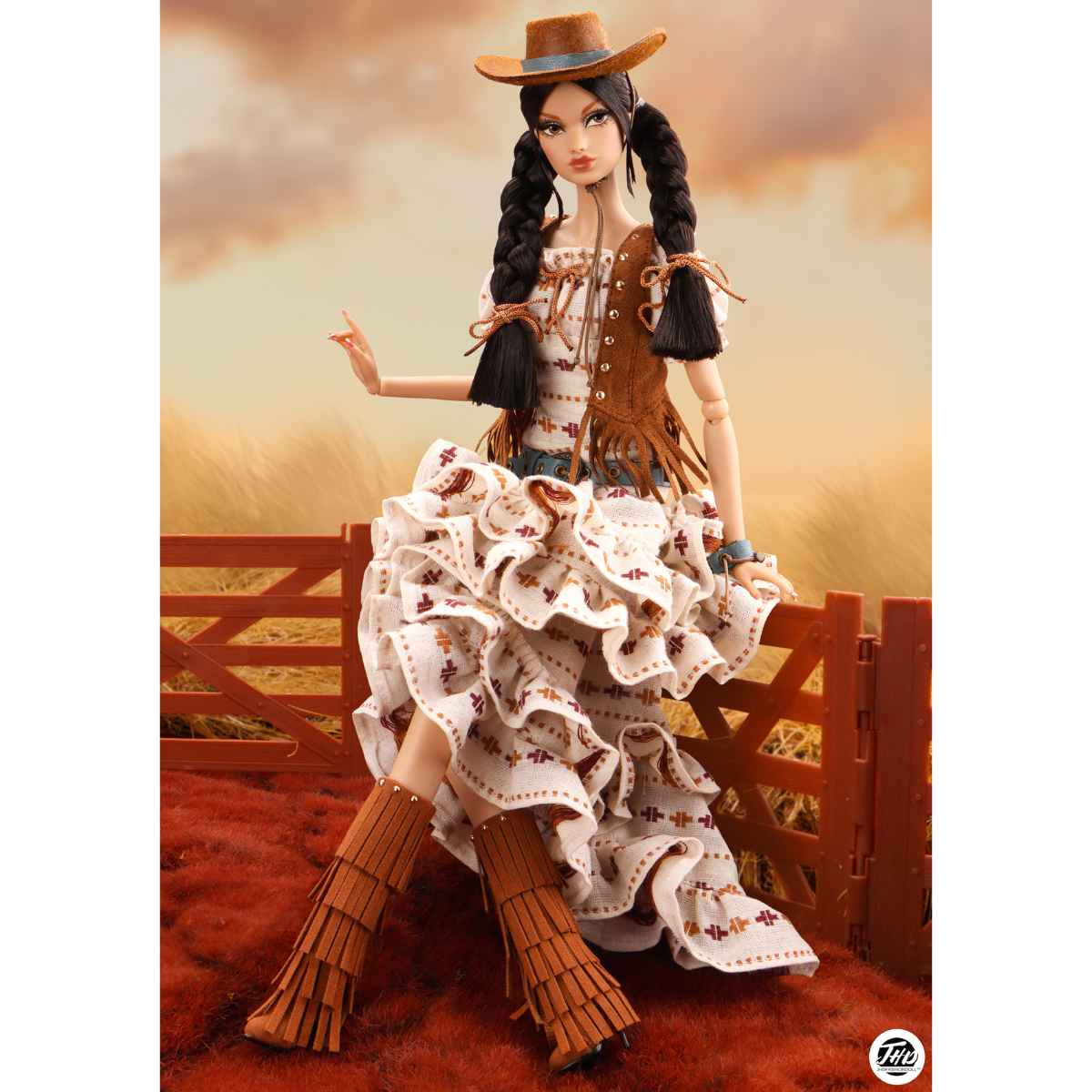 Doll in a cowboy outfit with a scenic background. JHDFASHIONDOLL Yellowstone: Farm Girl Candice - VIP Club Exclusive (M2514)