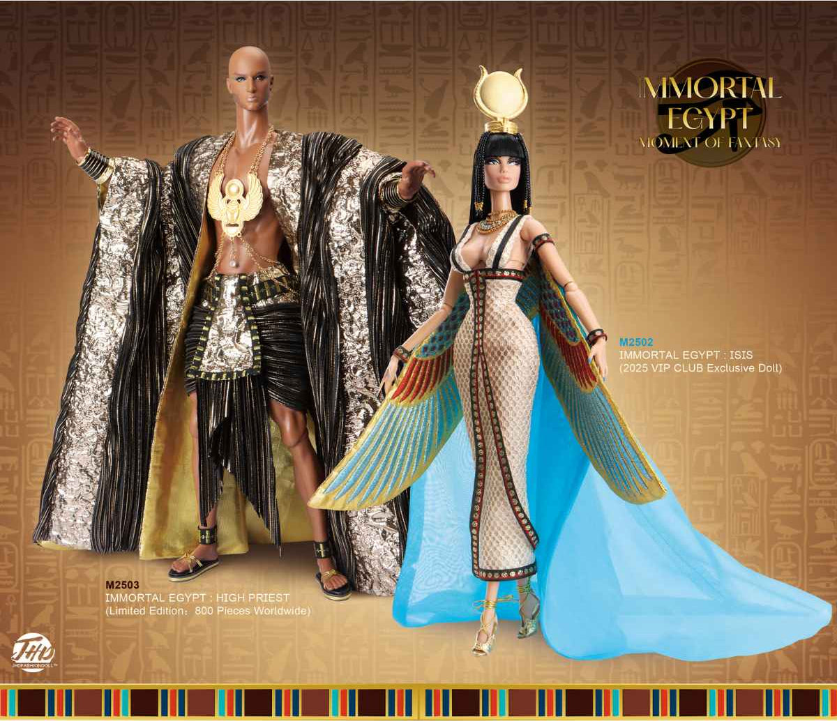 Two JHDFASHIONDOLL dolls High Priest and ISIS figures of an Egyptian high priest and a queen on a 'Immortal Egypt' branded background.