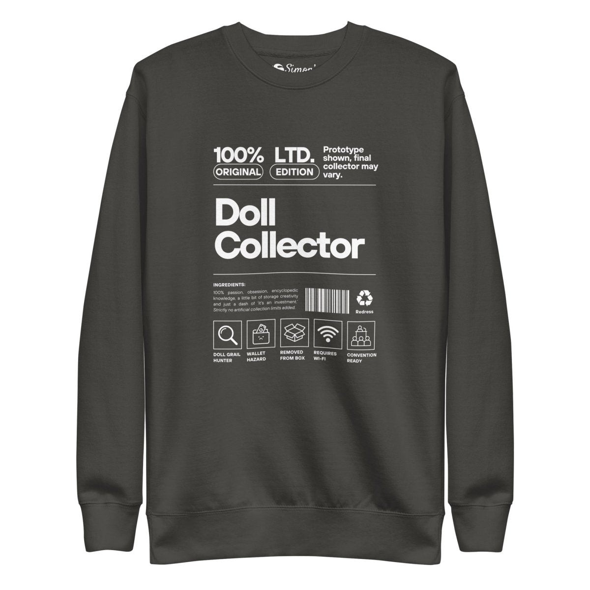 'Doll Collector' Product Label Design Unisex Premium Sweatshirt for Adult Collectors - Simon's Collectibles