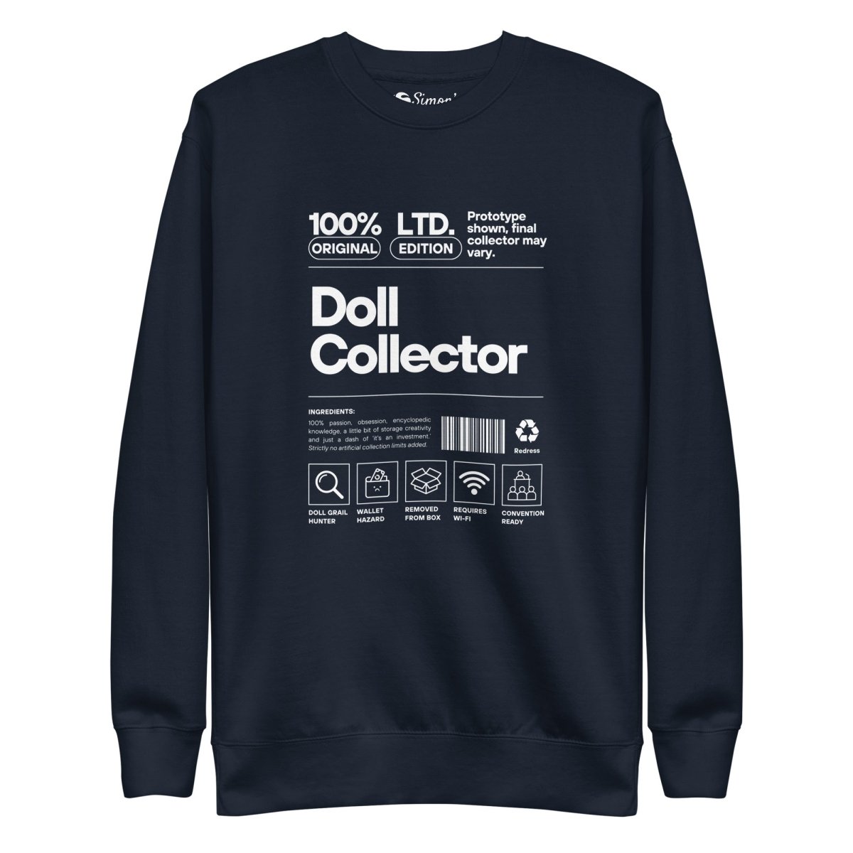 'Doll Collector' Product Label Design Unisex Premium Sweatshirt for Adult Collectors - Simon's Collectibles