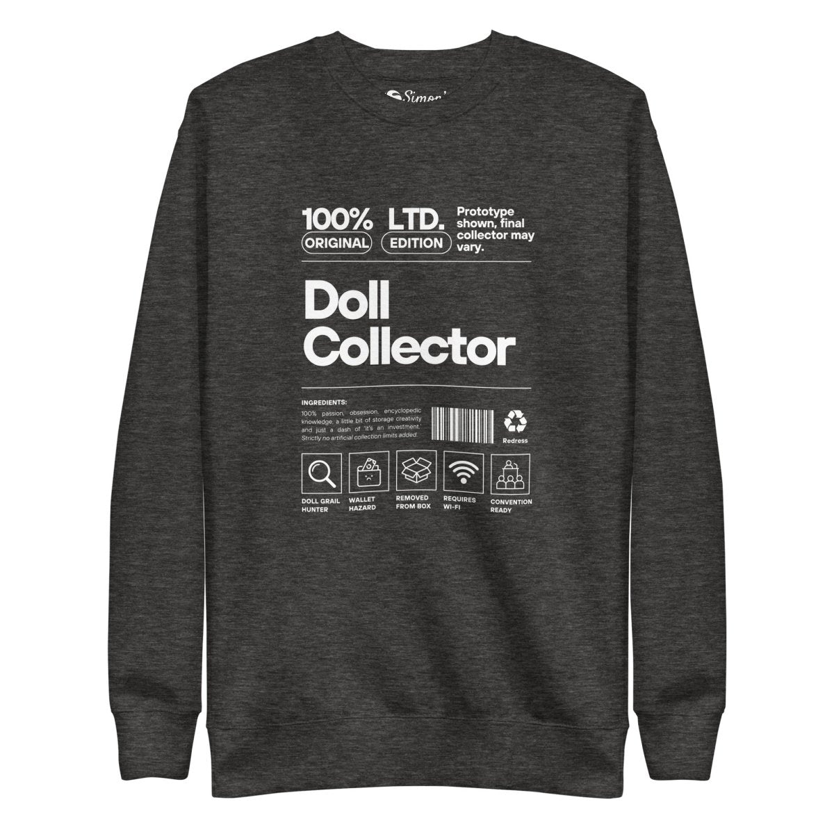 'Doll Collector' Product Label Design Unisex Premium Sweatshirt for Adult Collectors - Simon's Collectibles