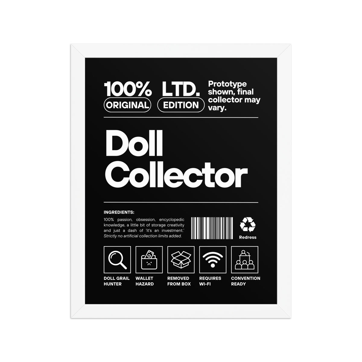 'Doll Collector' Product Label Design Framed Print - 11″ × 14″ (27.9 cm × 35.6 cm) Wall Art for Adult Collectors
