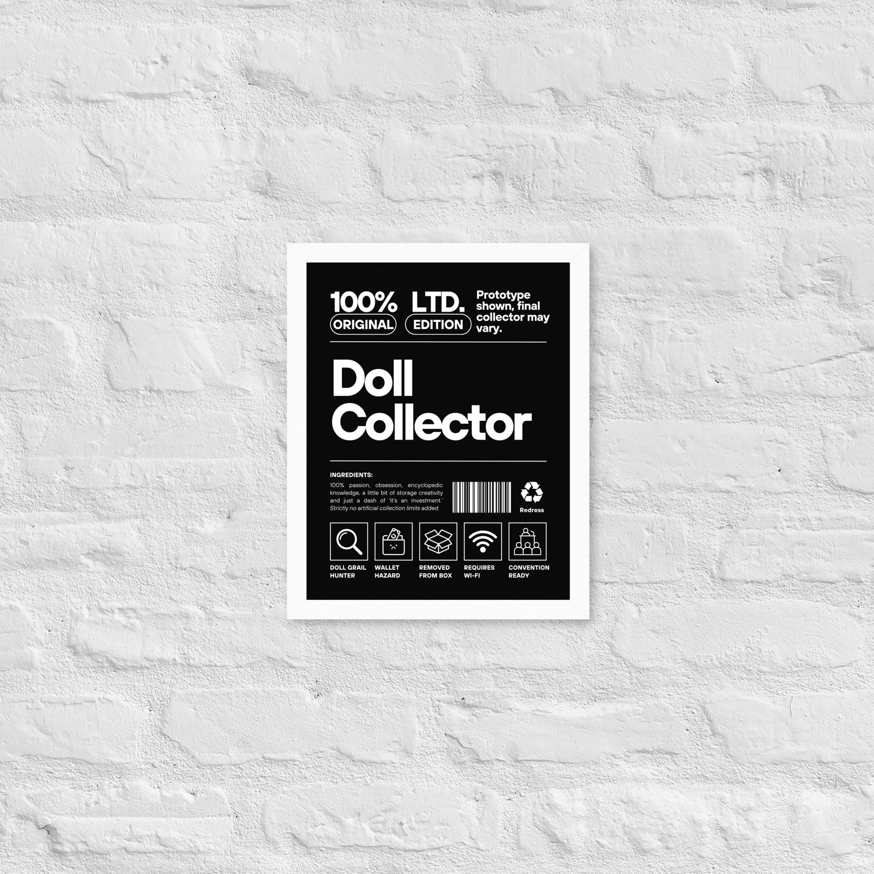 Black and white label on a textured white background. 'Doll Collector' Product Label Design Framed Print - 11″ × 14″ (27.9 cm × 35.6 cm) Wall Art for Adult Collectors