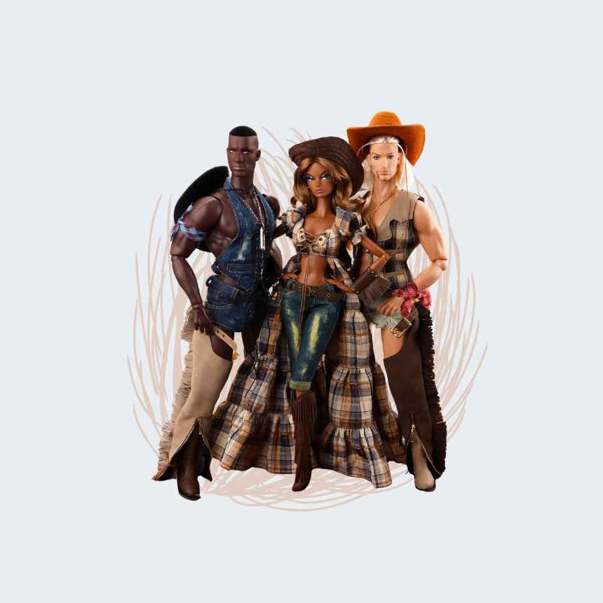 JHDFASHIONDOLL Yellowstone Collection Dolls - Three dolls in Western-themed outfits on a light gray background