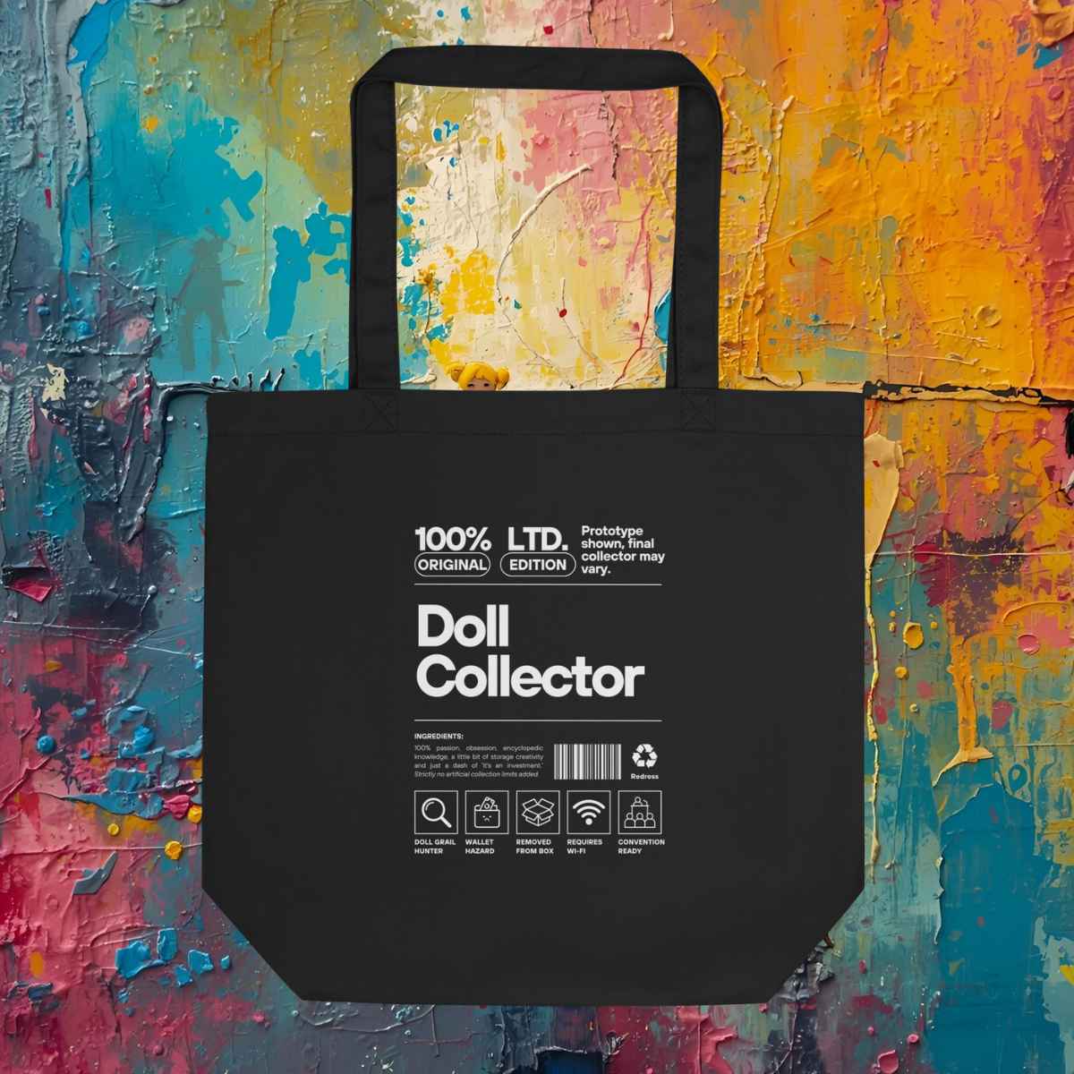 'Doll Collector' Product Label Design Organic Cotton Tote Bag for Adult Collectors