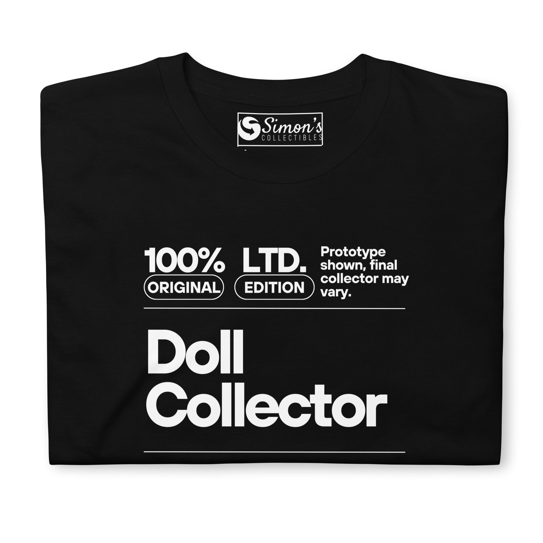 Black t-shirt with white text and 'Simon's Collectibles' logo on a white background