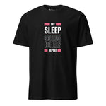 Black t-shirt with 'Eat Sleep Collect Dolls Repeat' text design on a white background. 'Eat Sleep Collect Dolls Repeat' Collector's Short-Sleeve Unisex T-Shirt