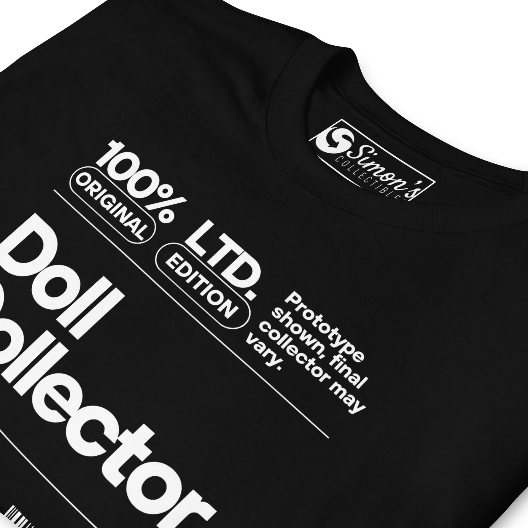 Black t-shirt with white text and branding on a white background