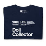 Navy blue t-shirt with white text on a white background