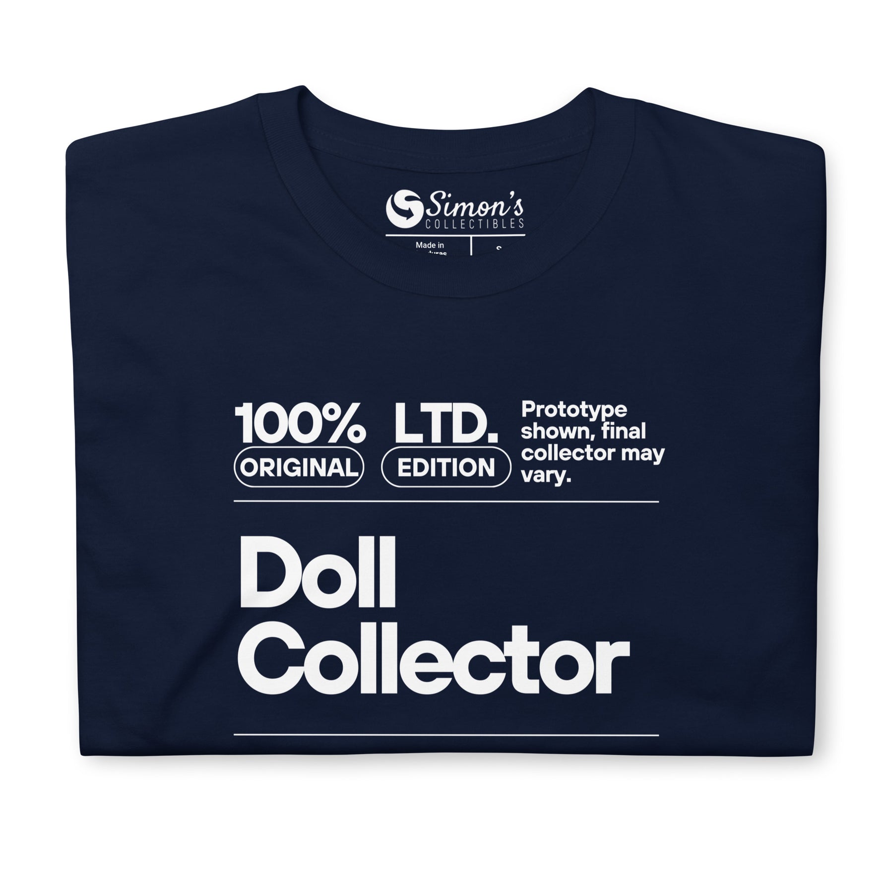 Navy blue t-shirt with white text on a white background