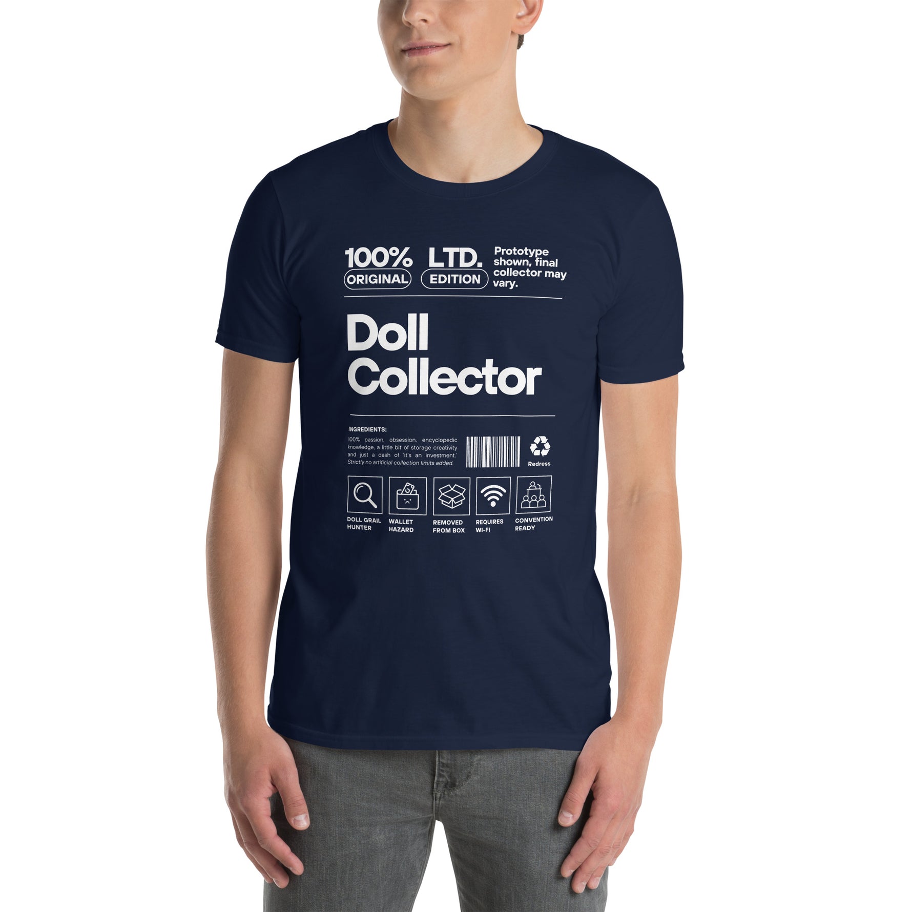 Person wearing a navy blue t-shirt with 'Doll Collector' text and graphics on a white background. 'Doll Collector' Product Label Design Short-Sleeve Unisex T-Shirt