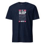 Navy blue t-shirt with white and pink text on a white background. 'Eat Sleep Collect Dolls Repeat' Collector's Short-Sleeve Unisex T-Shirt