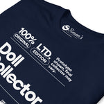 Navy blue t-shirt with white text and branding on a white background