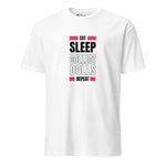 White t-shirt with text 'Eat Sleep Collect Dolls Repeat' on a white background. 'Eat Sleep Collect Dolls Repeat' Collector's Short-Sleeve Unisex T-Shirt