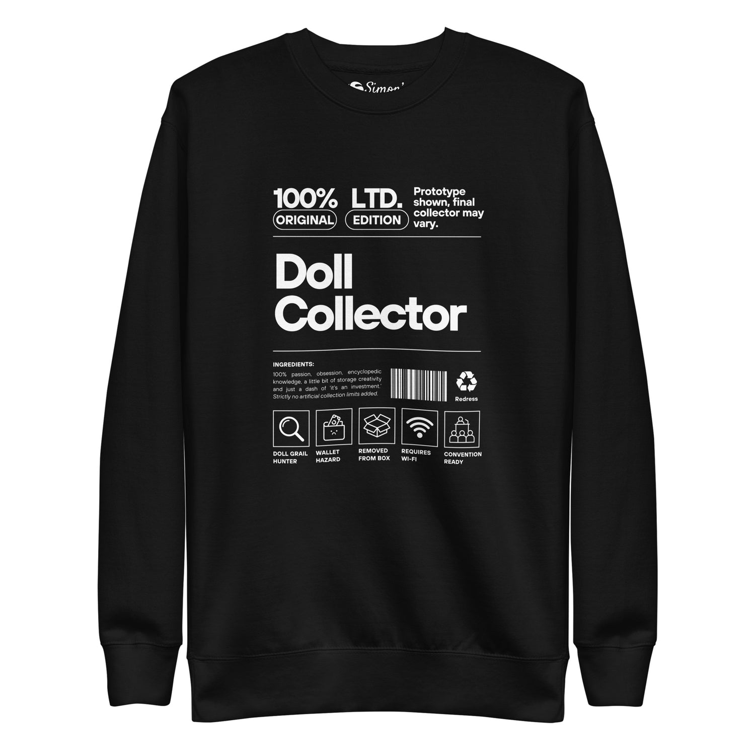 'Doll Collector' Product Label Design Unisex Premium Sweatshirt for Adult Collectors