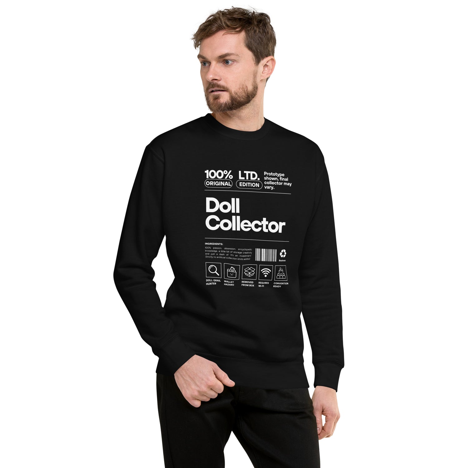 'Doll Collector' Product Label Design Unisex Premium Sweatshirt for Adult Collectors