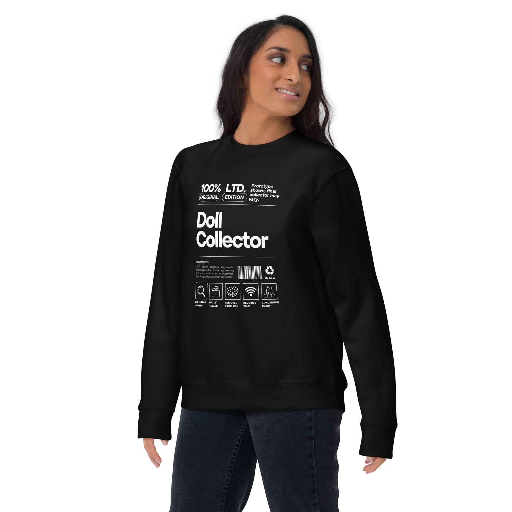 'Doll Collector' Product Label Design Unisex Premium Sweatshirt for Adult Collectors