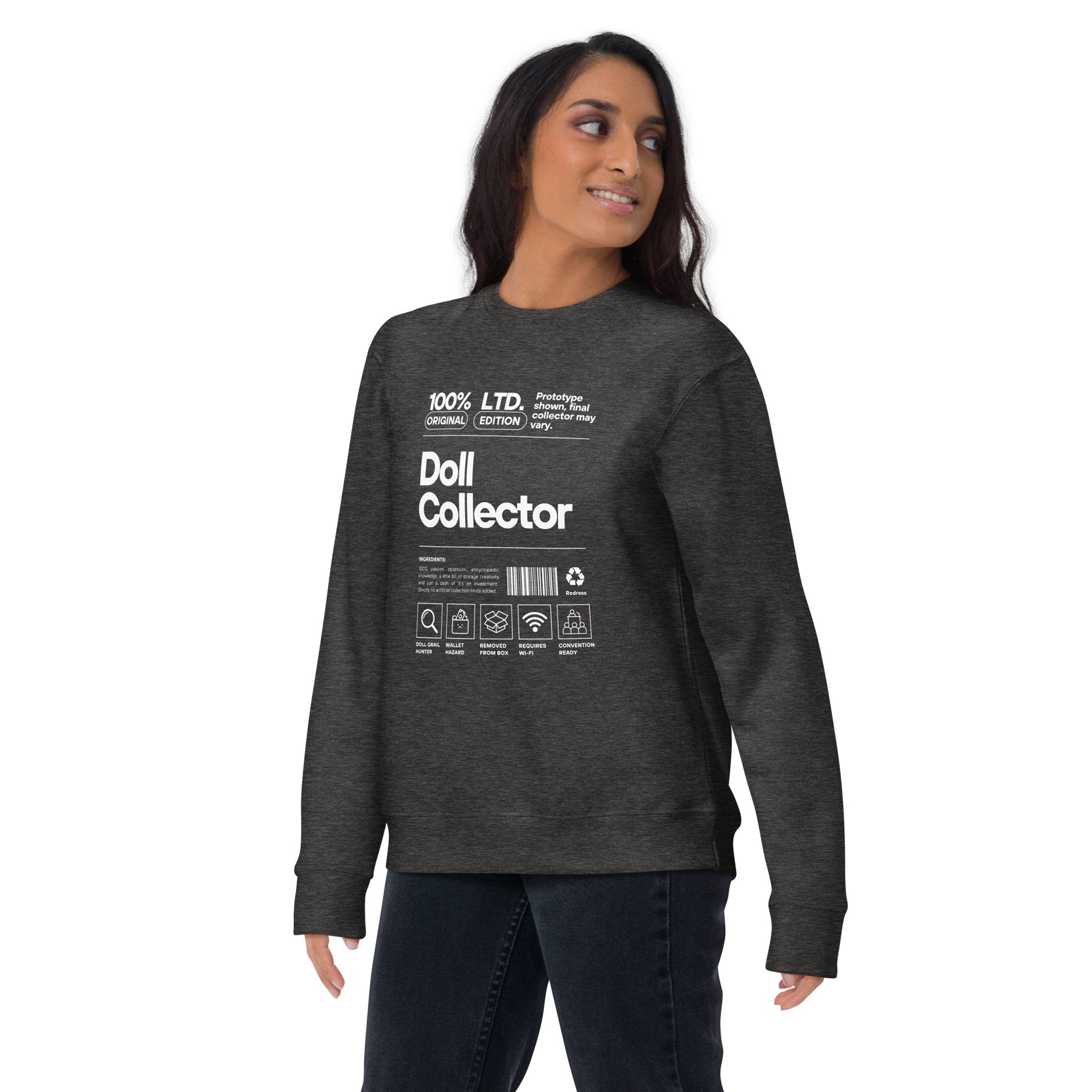 'Doll Collector' Product Label Design Unisex Premium Sweatshirt for Adult Collectors