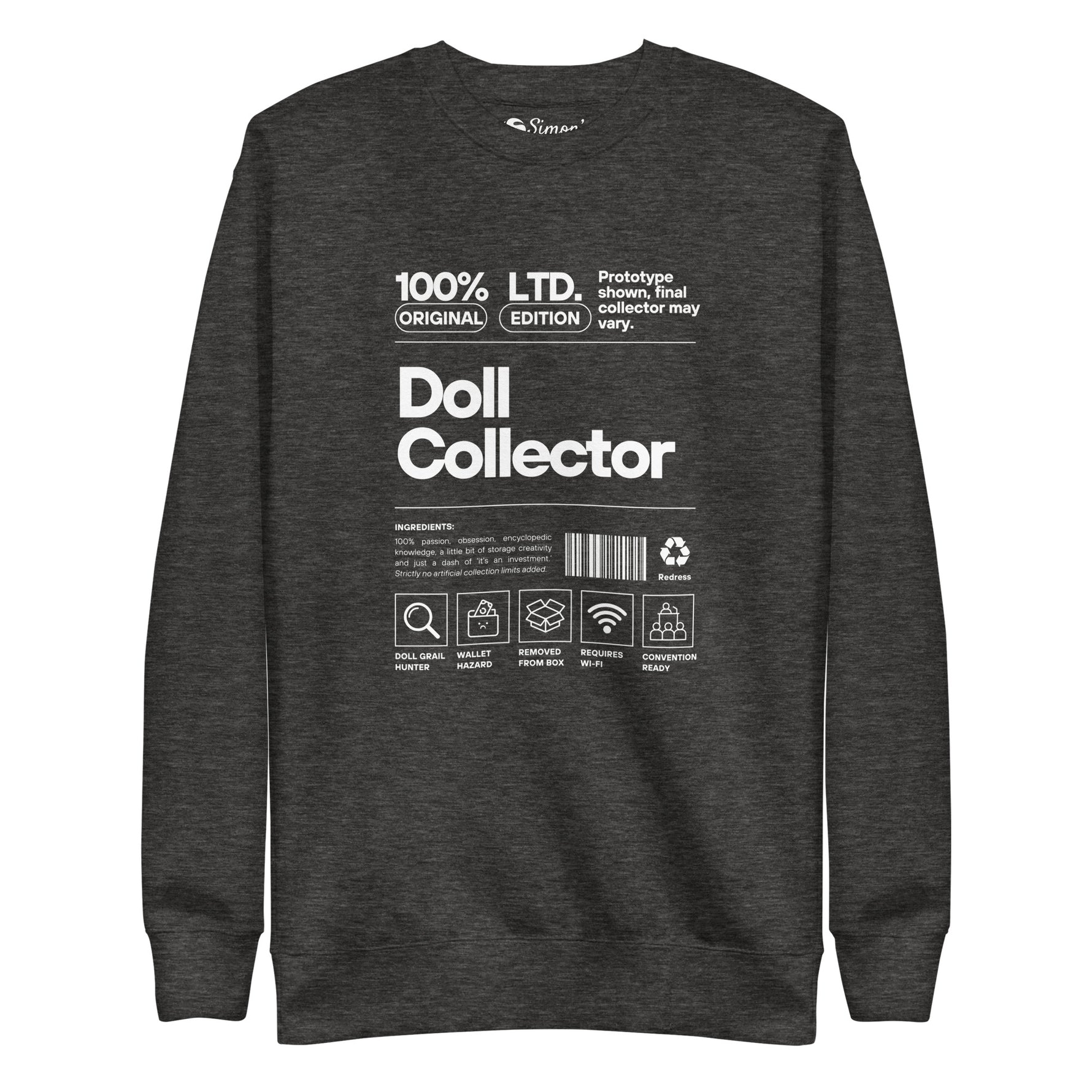 'Doll Collector' Product Label Design Unisex Premium Sweatshirt for Adult Collectors