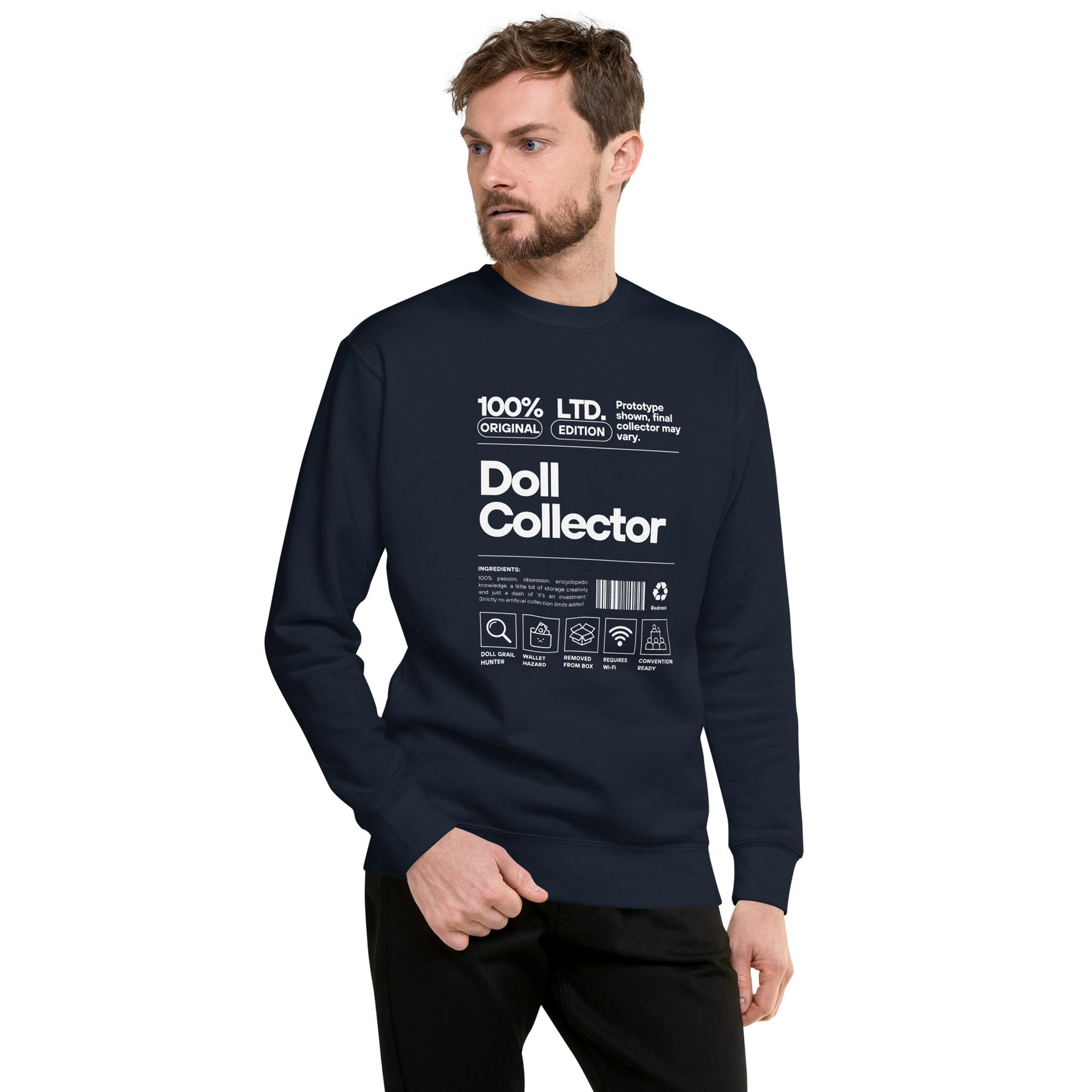 'Doll Collector' Product Label Design Unisex Premium Sweatshirt for Adult Collectors