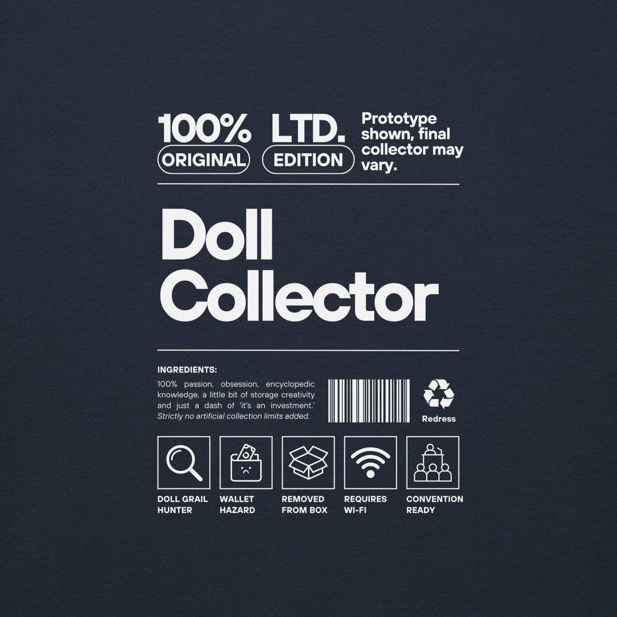 'Doll Collector' Product Label Design Unisex Premium Sweatshirt for Adult Collectors