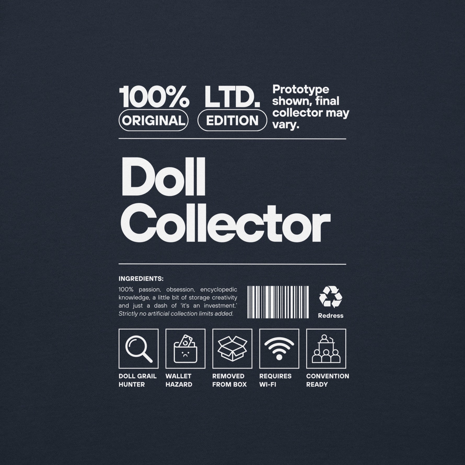 'Doll Collector' Product Label Design Unisex Premium Sweatshirt for Adult Collectors