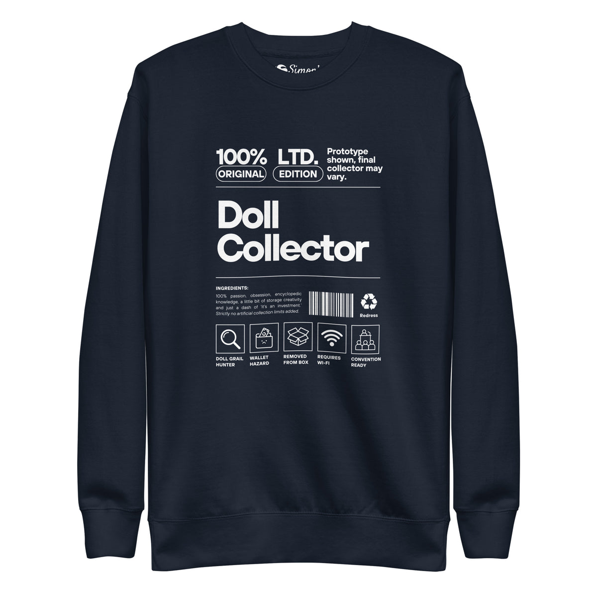 'Doll Collector' Product Label Design Unisex Premium Sweatshirt for Adult Collectors