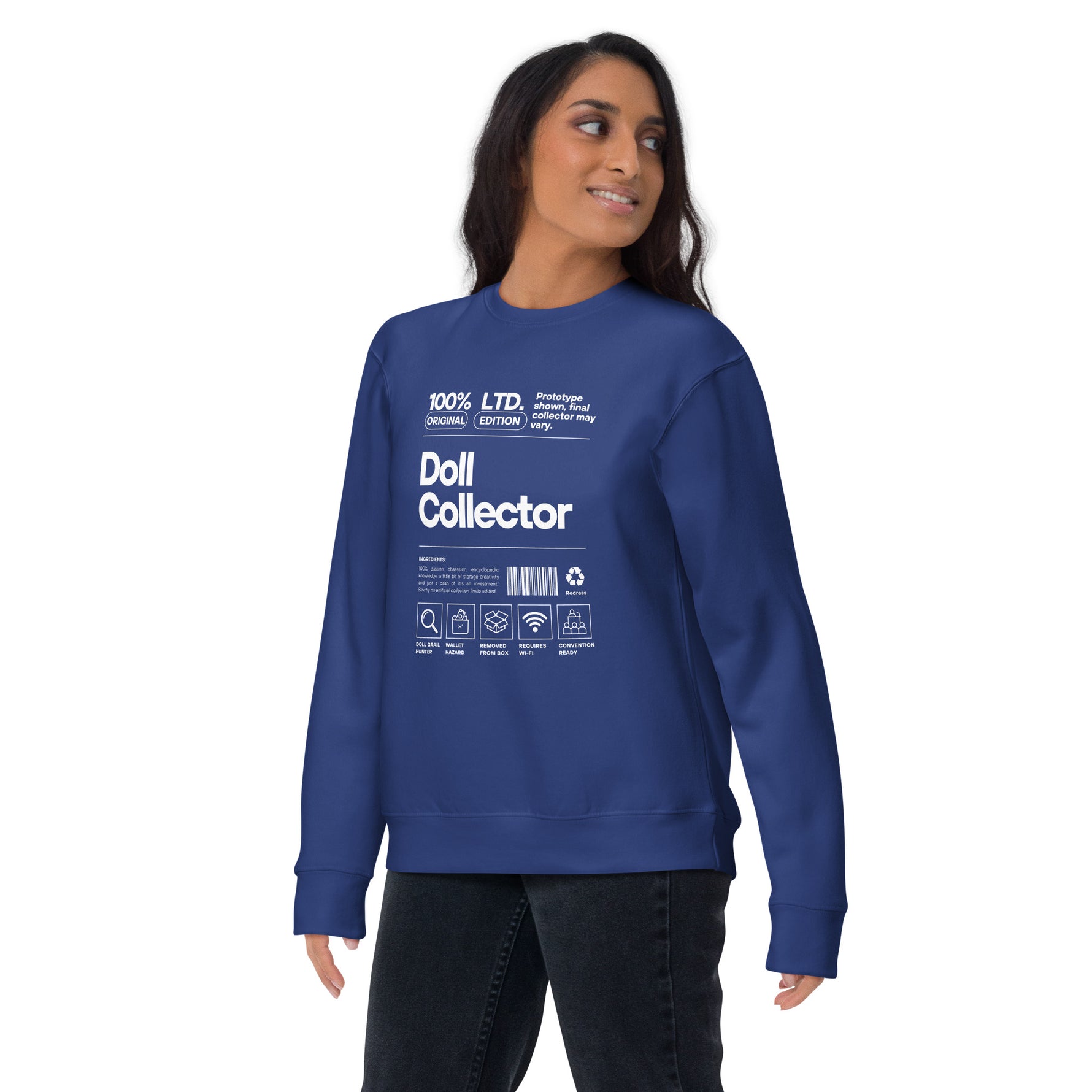 'Doll Collector' Product Label Design Unisex Premium Sweatshirt for Adult Collectors