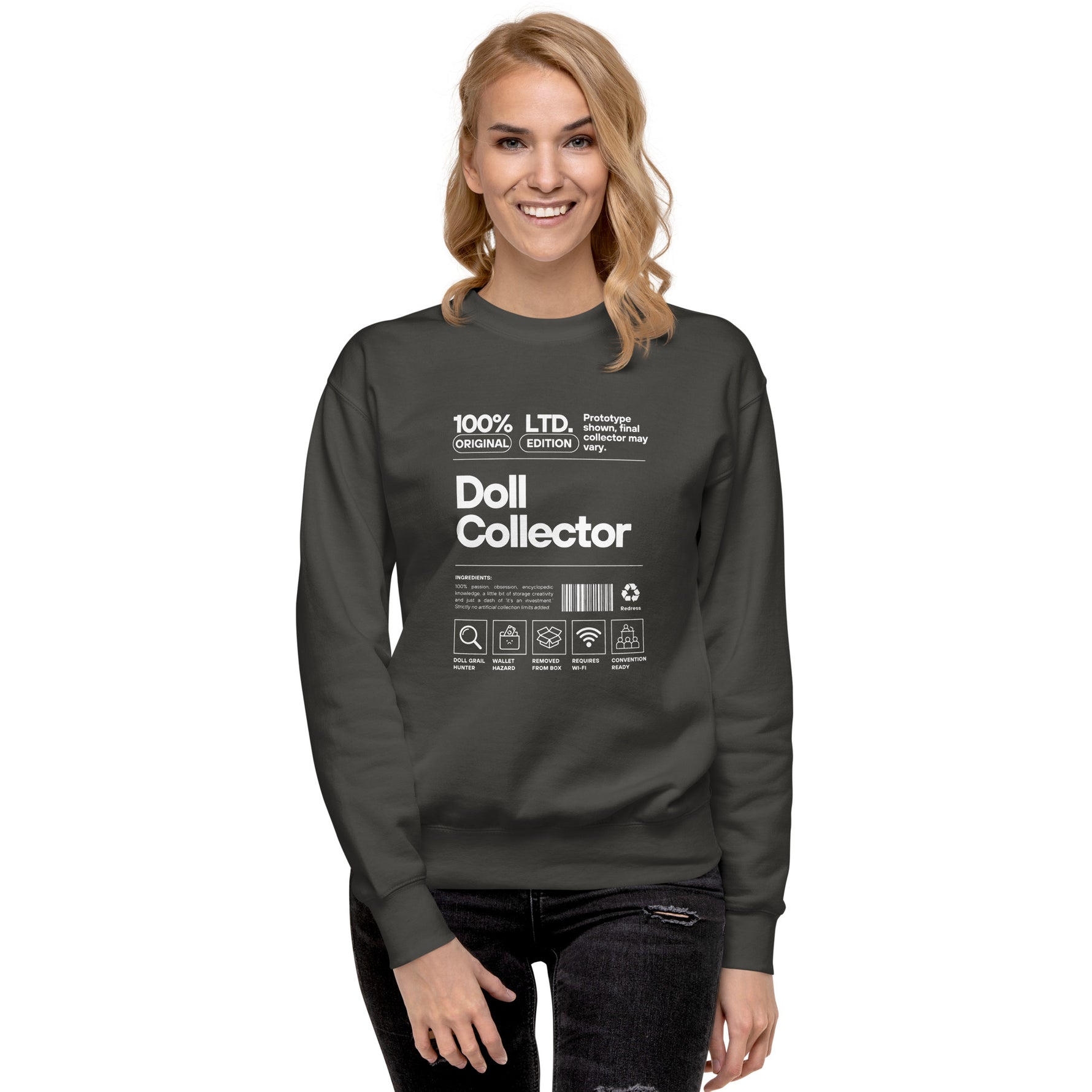 'Doll Collector' Product Label Design Unisex Premium Sweatshirt for Adult Collectors
