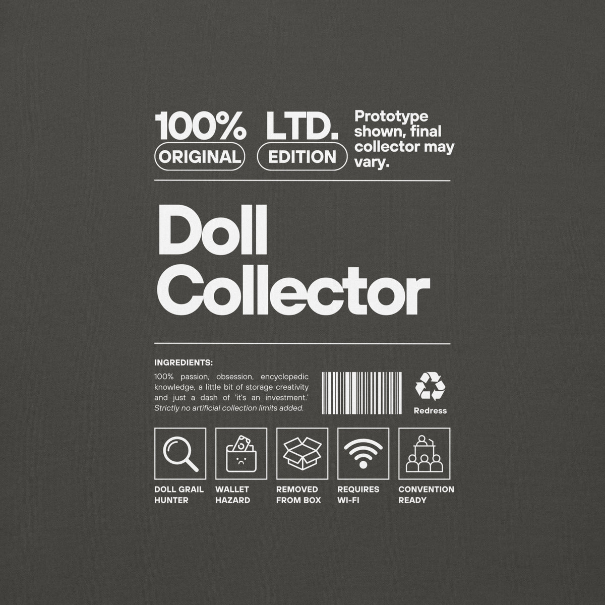 'Doll Collector' Product Label Design Unisex Premium Sweatshirt for Adult Collectors