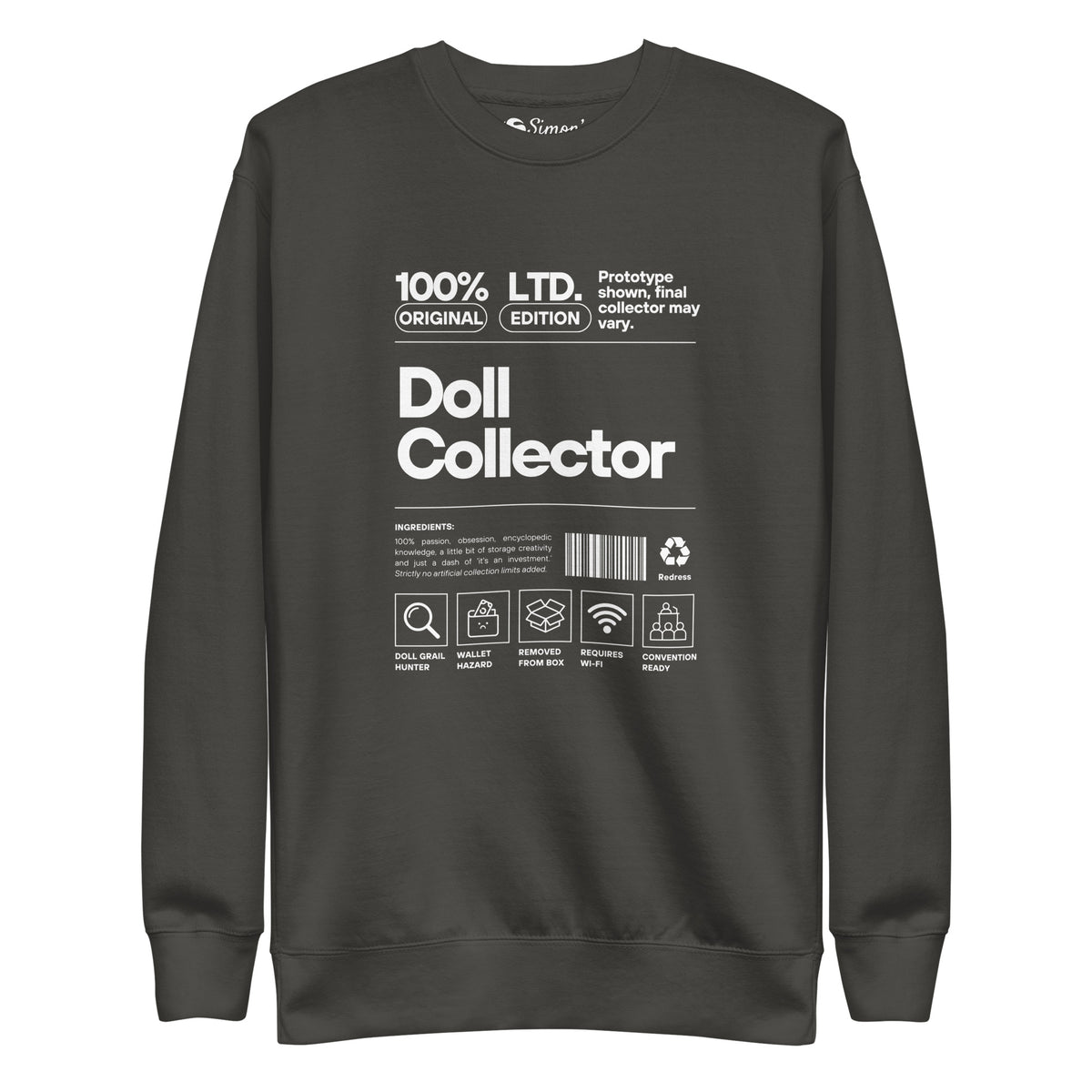 'Doll Collector' Product Label Design Unisex Premium Sweatshirt for Adult Collectors