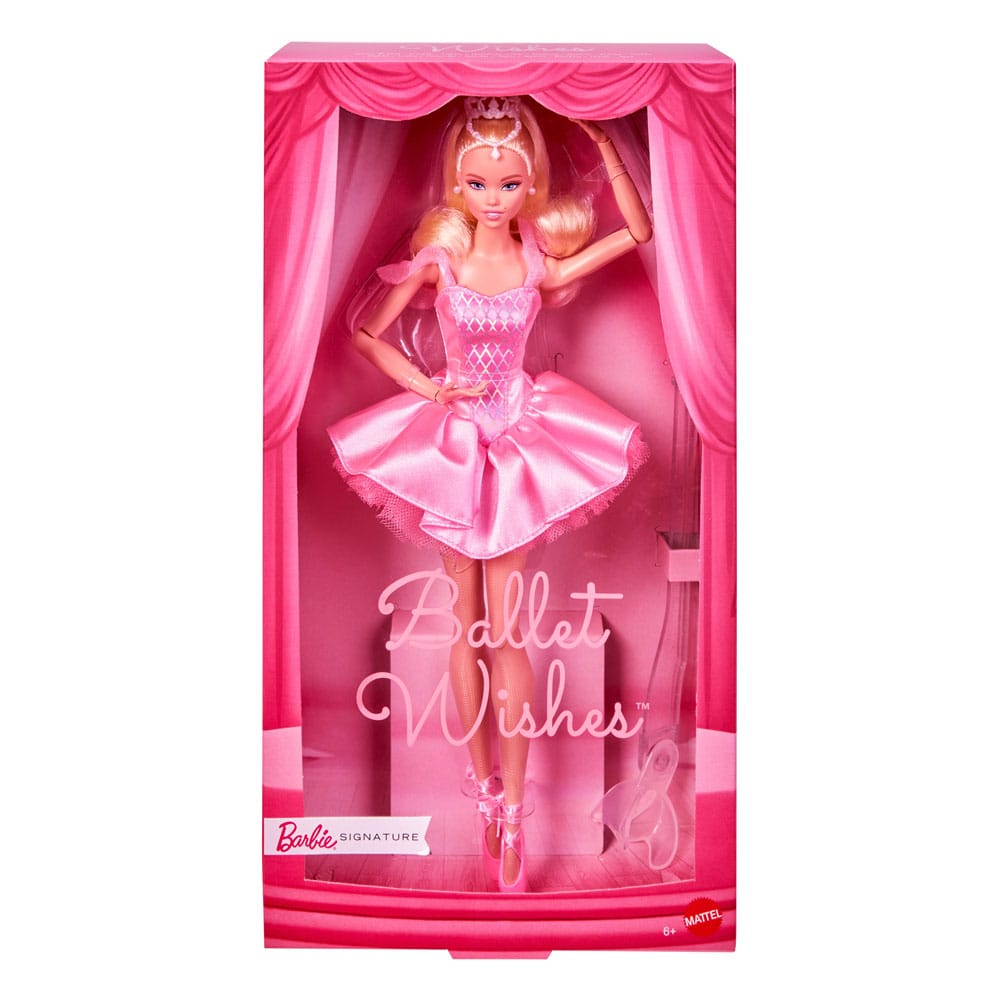 Barbie doll in a ballet outfit inside a pink box with 'Ballet Wishes' text.