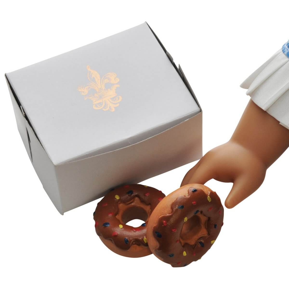 2 Chocolate Frosted Doughnuts with Bakery Box, Accessories for 18 Inch Dolls - Simon's Collectibles