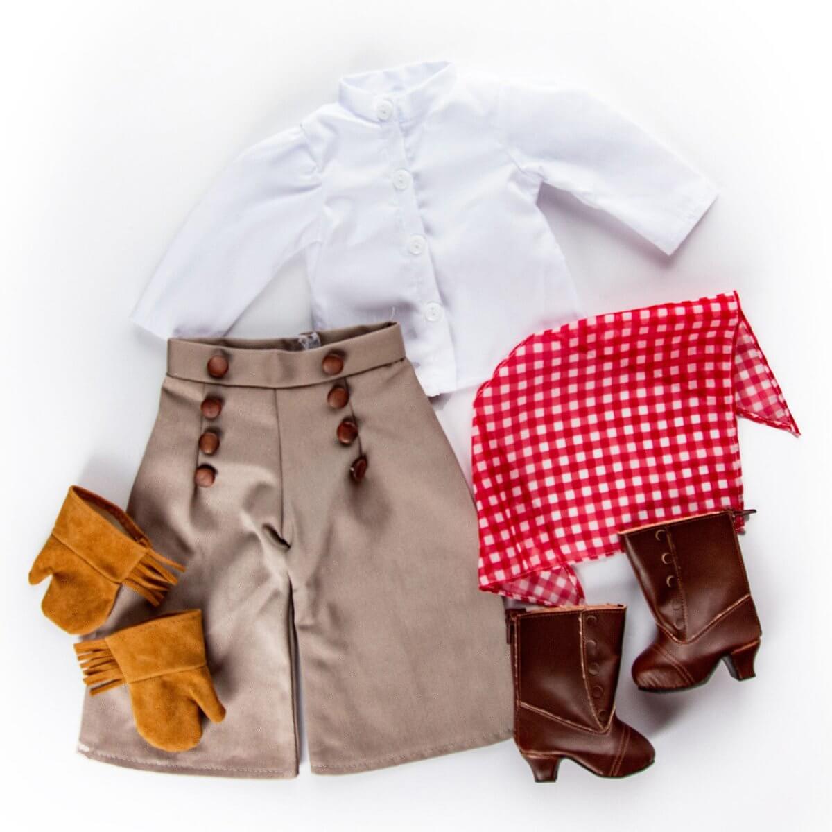 7 Piece Frontier Girl Outfit with Boots, Clothes & Accessories for 18 Inch Dolls - Simon's Collectibles