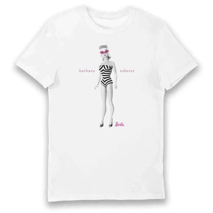 Barbie BARBARA ROBERTS Iconic Zebra Swimsuit Adult Unisex T-Shirt Tee by Barbie in the at T-Shirt section at Simon's Collectibles based in the UK.