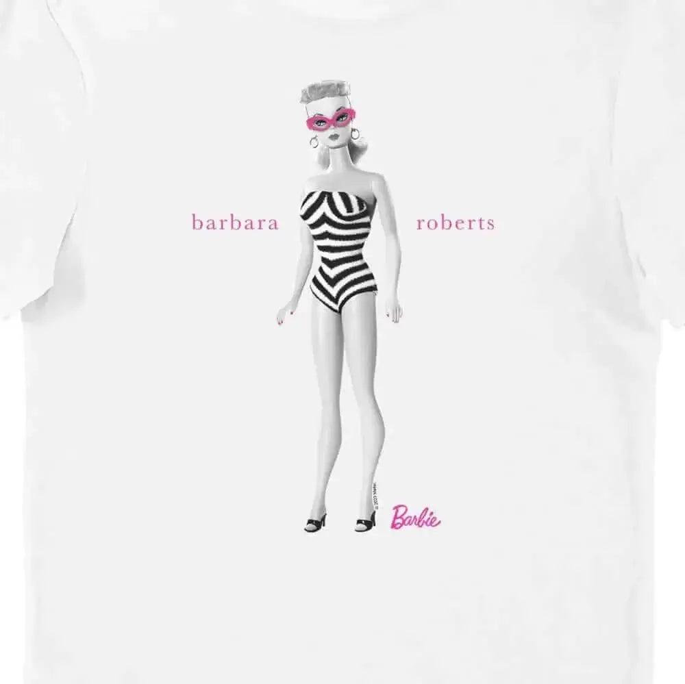 Barbie BARBARA ROBERTS Iconic Zebra Swimsuit Adult Unisex T-Shirt Tee by Barbie in the at T-Shirt section at Simon's Collectibles based in the UK.