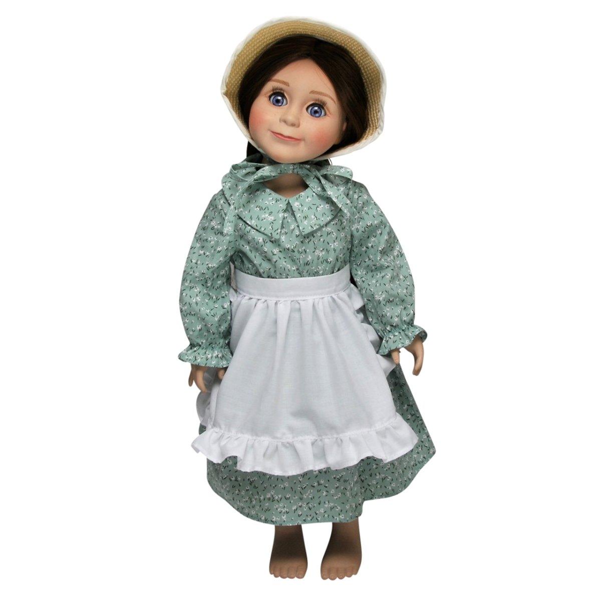 Queen's Treasures Green Calico Prairie Dress, Apron, and Bonnet, Clothes for 18 Inch Dolls | The Queen's Treasures