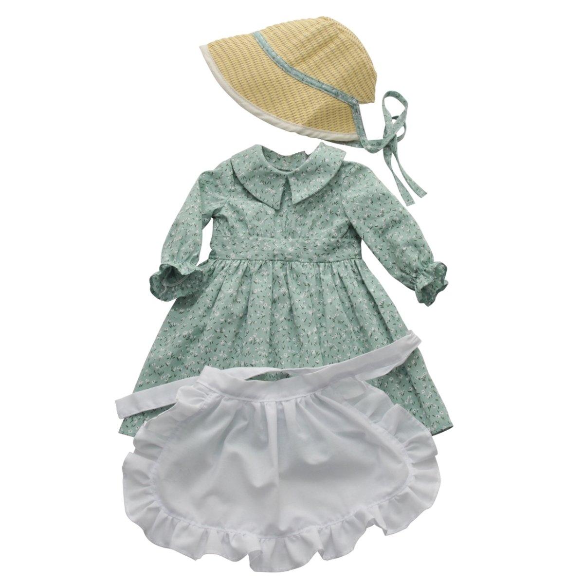 Queen's Treasures Green Calico Prairie Dress, Apron, and Bonnet, Clothes for 18 Inch Dolls by The Queen's Treasures in the at Play Dolls section at Simon's Collectibles based in the UK.